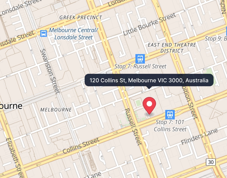 A city map marks 120 Collins Street in central Melbourne with a red location pin.